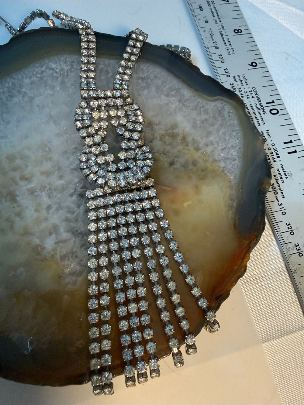 Vintage Rhinestone Tassel Statement Necklace - in Silver 14” + 4” drop appx